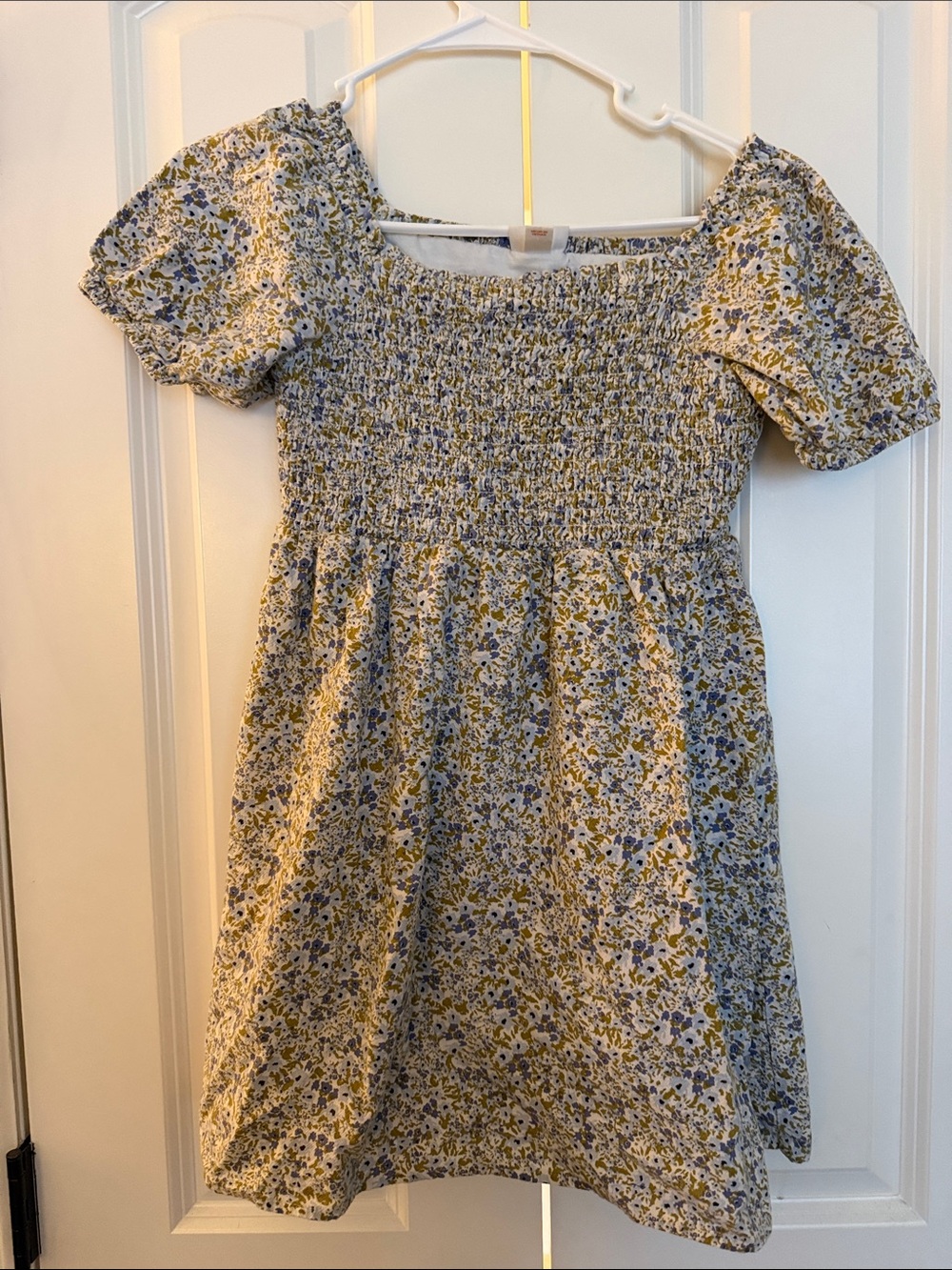 Girls Floral Smocked Short Sleeve Dress - Blue & Olive